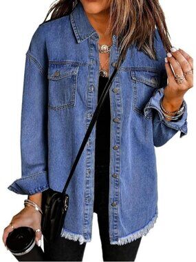 〽️Women Blue Oversized Drop Shoulder Button Up Frayed Raw Hem Denim Jean Jacket